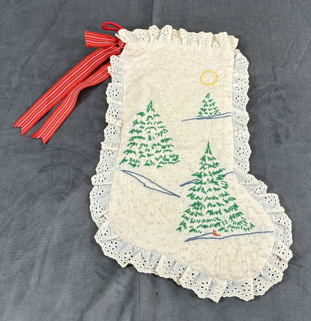 Vintage Handmade Embroidery French Knot Christmas Stocking Country Cottage Core